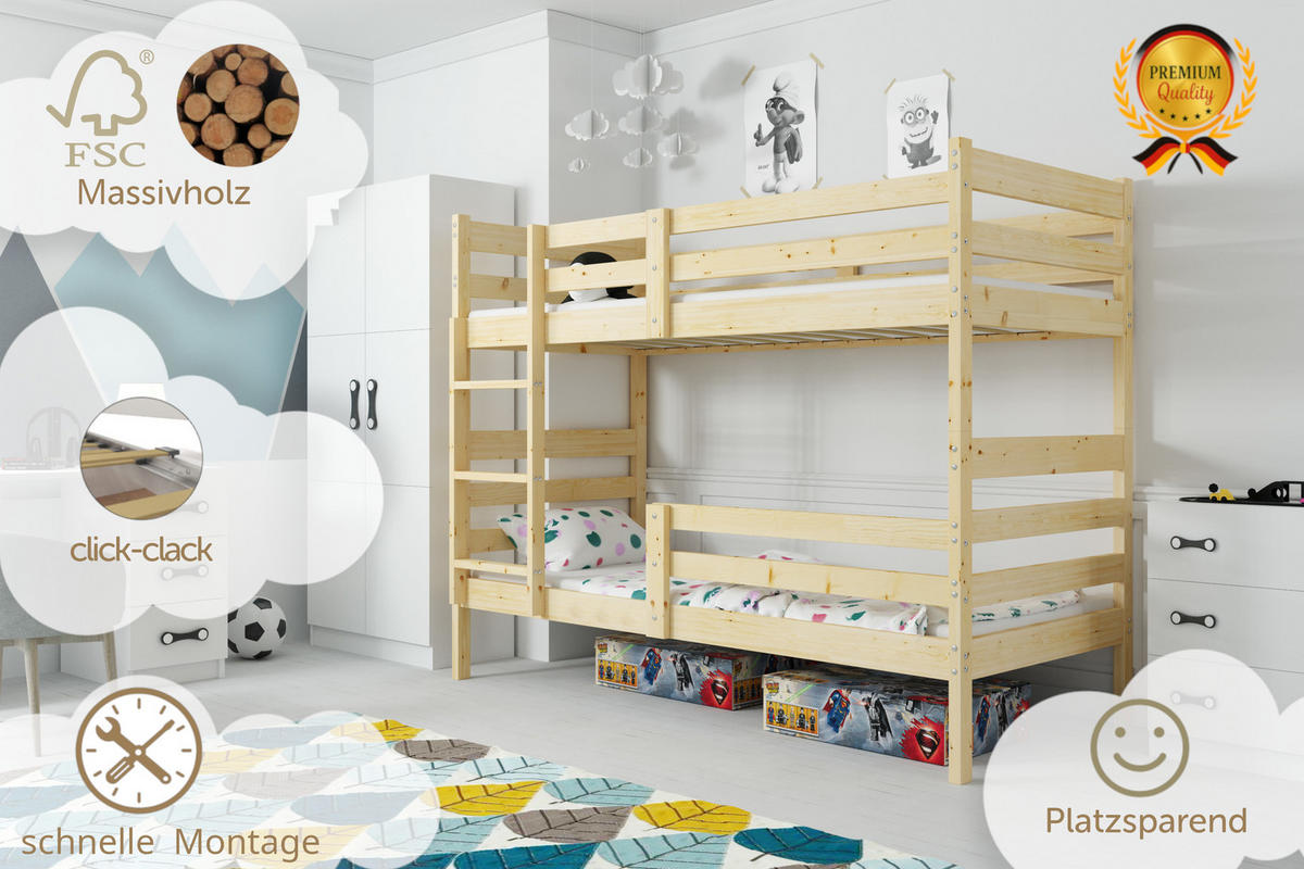 ETAGENBETT ERYK 90/200 cm aus massivem Kiefernholz, ohne Matratzen - Kiefer Milford, Holz - Interbeds