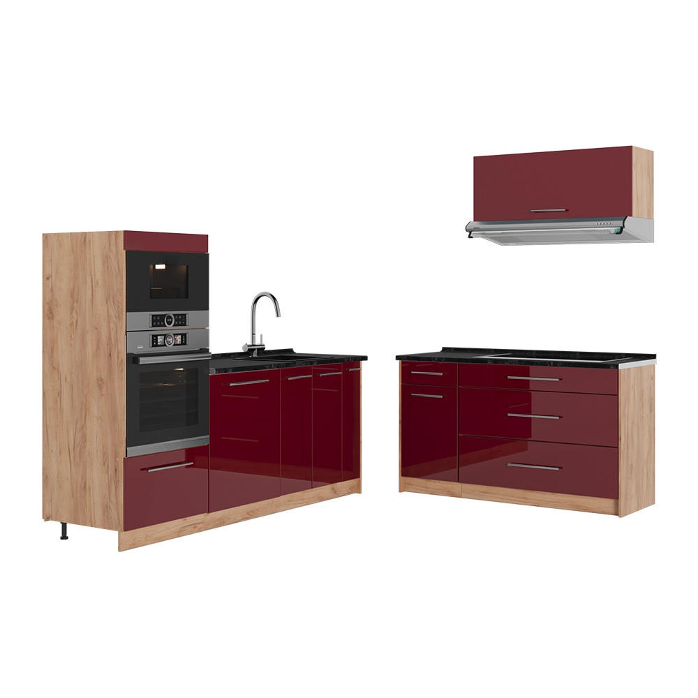 KÜCHENZEILE Fame-Line, Bordeaux Hochglanz/Goldkraft Eiche, 340 cm, AP Anthrazit - Honigeiche/Bordeaux, Holzwerkstoff (340/153.6/60cm) - Vicco