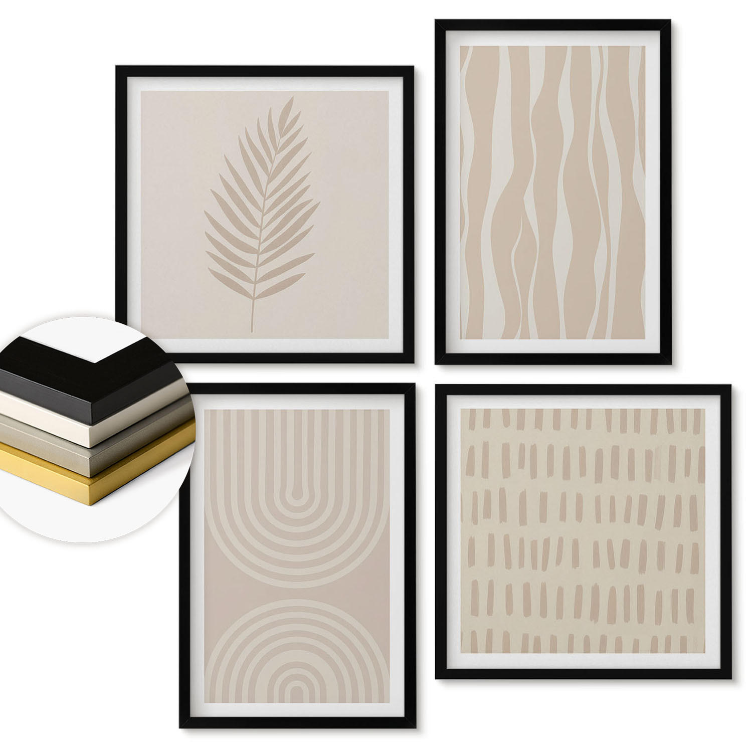 WANDBILDER 4er-Set - 50x50 cm & 40x60 cm Schwarzer Rahmen - Beige Pflanzenmuster - Schwarz, Kunststoff (50/50cm) - ArtPrintCave