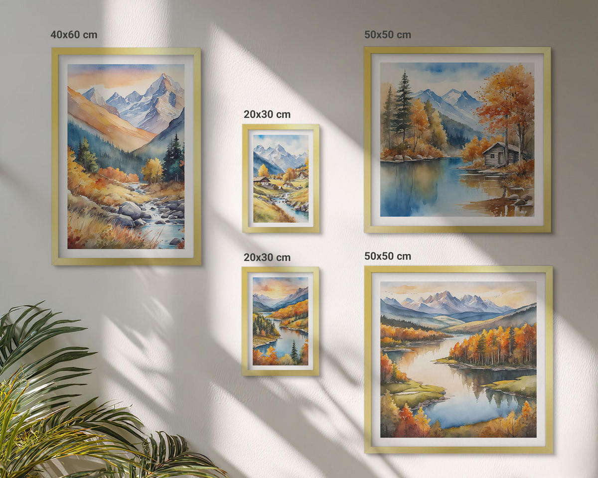 WANDBILDER 5er Set - 50x50 cm & 20x30 cm & 40x60 cm Goldrahmen - Berglandschaft, Flusshütten - Goldfarben, Kunststoff (40/60cm) - ArtPrintCave