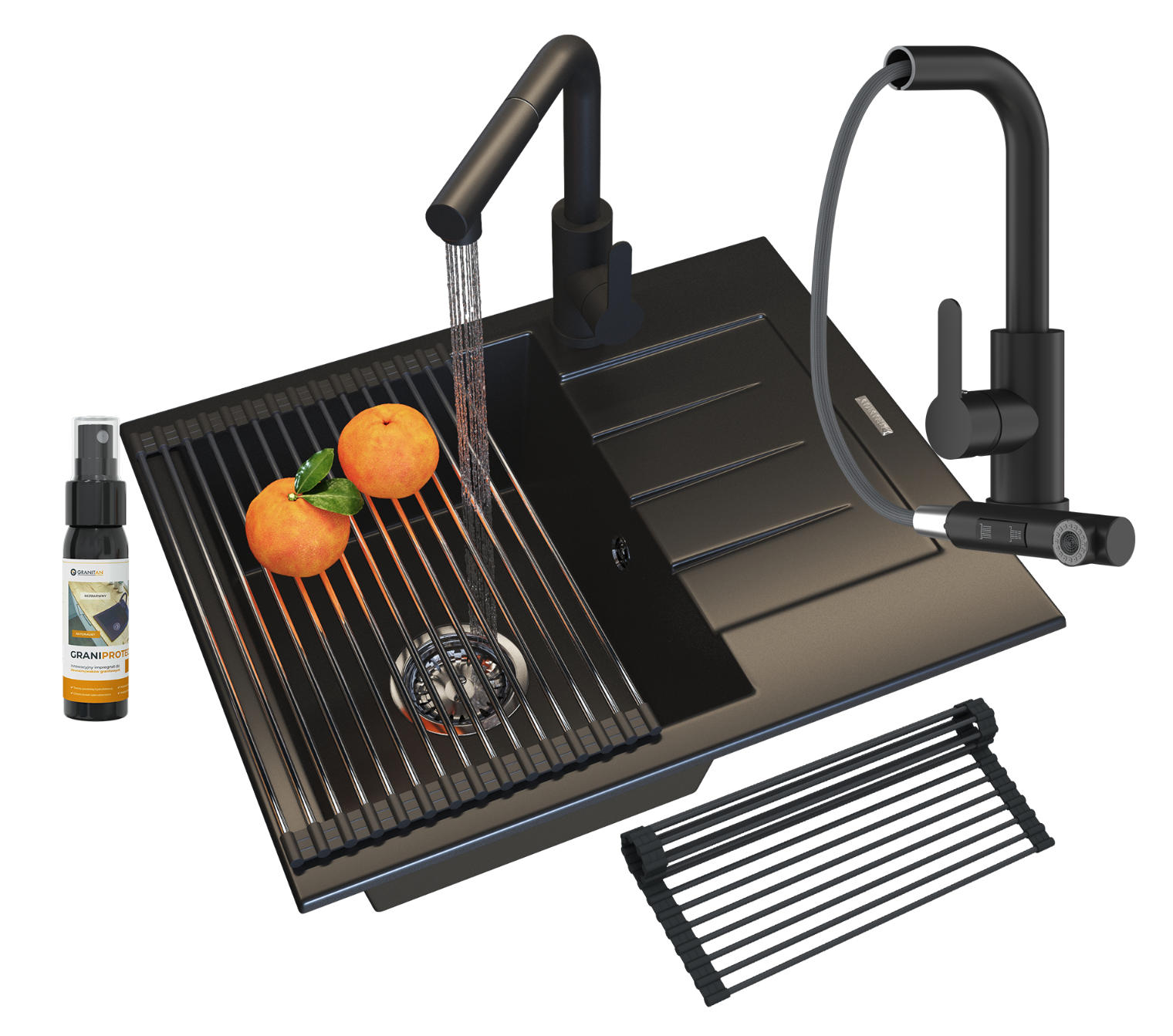 SPÜLBECKEN MILANO mit Batterie Siphon - Schwarz, Kunststoff/Stein (46/16/57cm) - Granitan