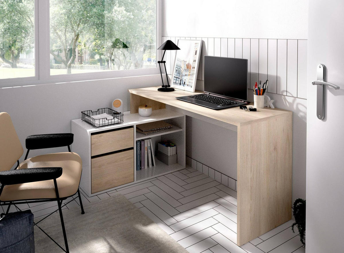 ECKSCHREIBTISCH Weiß, Eiche 92/139/75 cm - Eichefarben/Weiß, Holzwerkstoff (92/139/75cm) - DMORA