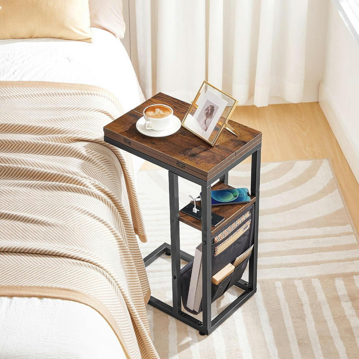 BEISTELLTISCH mit Ladestation und Aufbewahrungstasche Vintagebraun und Schwarz - Multicolor, Holzwerkstoff (52/39/61cm)