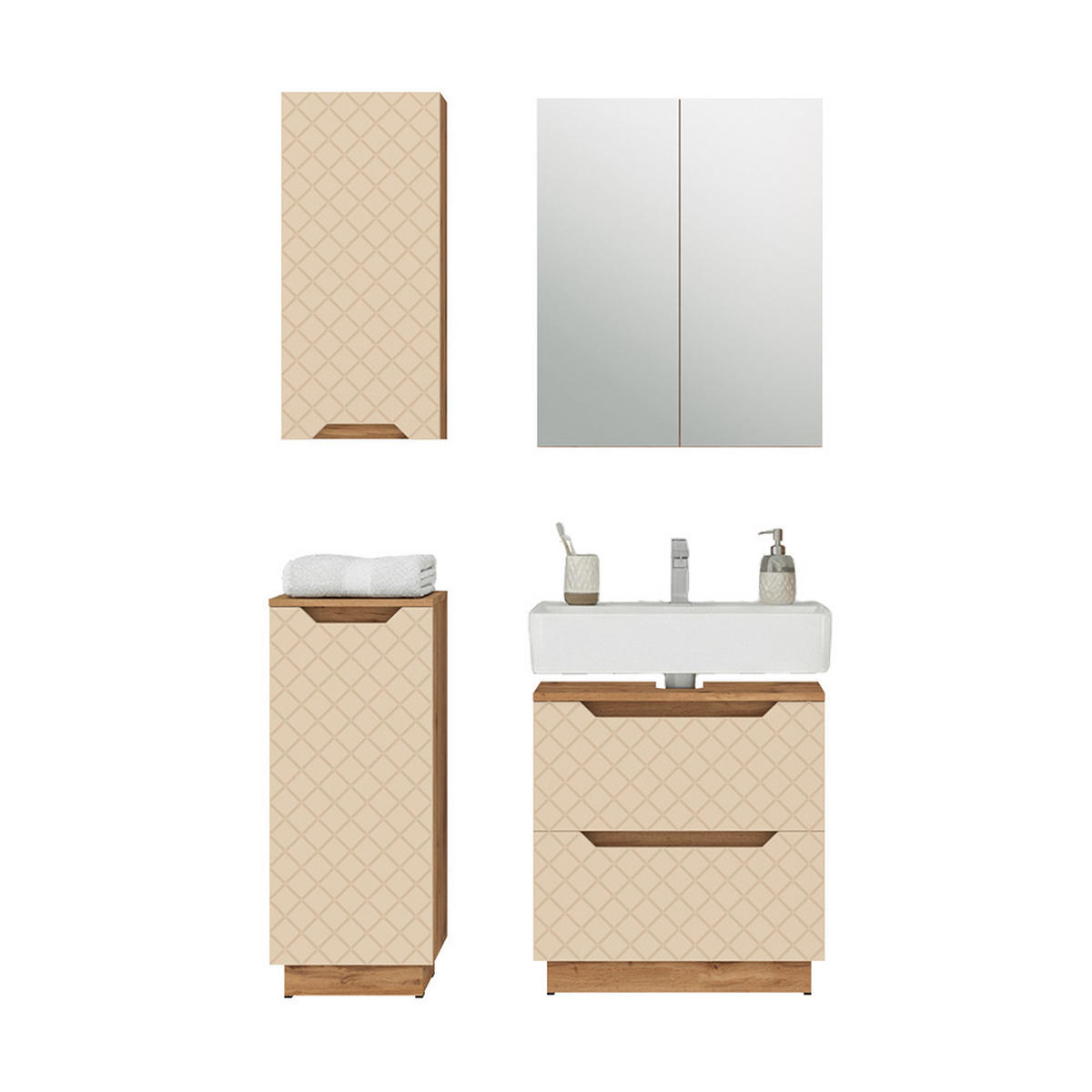 BADMÖBEL-SET Lotta Eiche/Kaschmir mit Kachelstruktur 4 Teile - Kaschmir/Eichefarben, Holzwerkstoff (59.8/62.5/32cm) - Vicco