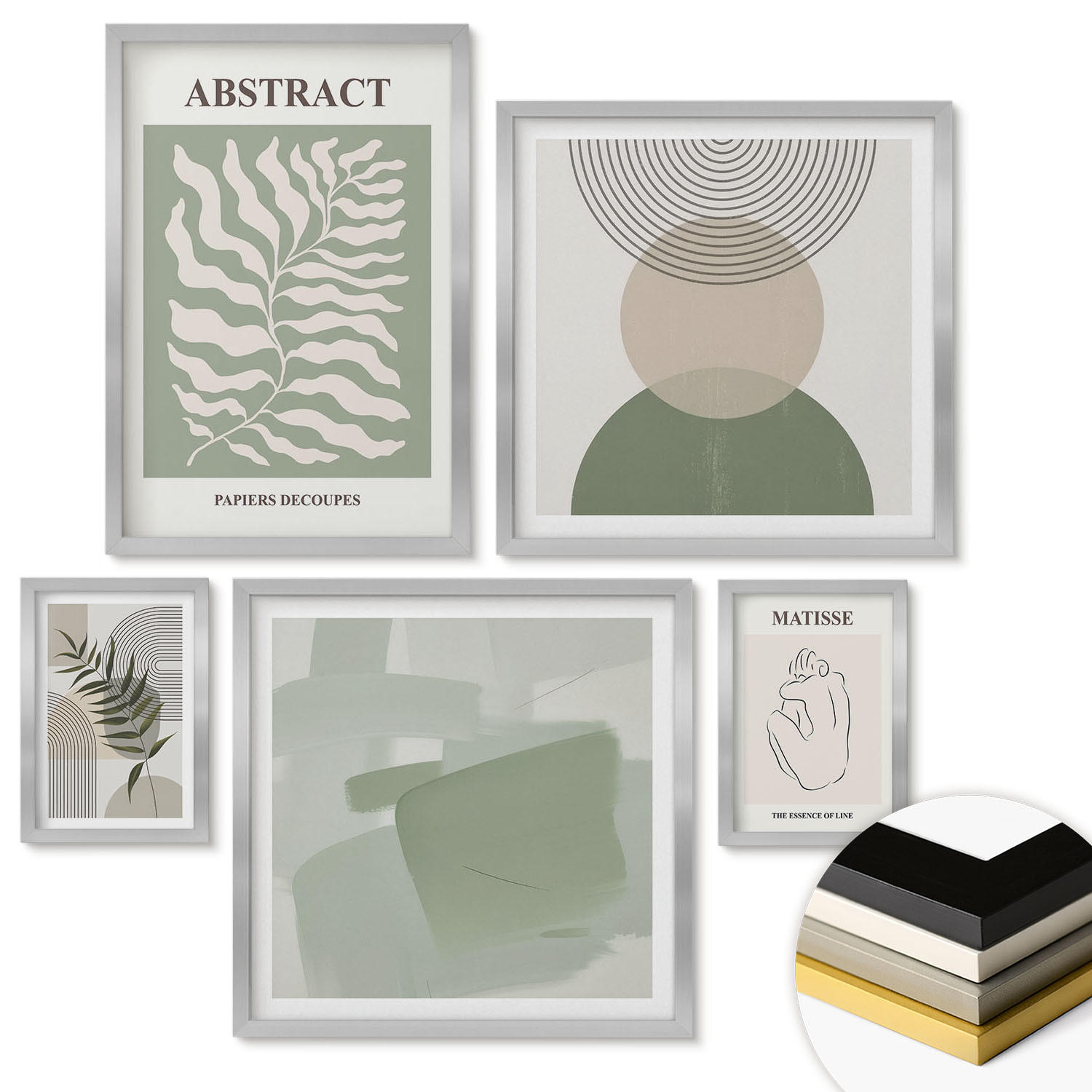 WANDBILDER 5er Set - 50x50 cm & 20x30 cm & 40x60 cm Silberner Rahmen - Botanische Boho-Abstraktionen - Silberfarben, Kunststoff (40/60cm) - ArtPrintCave