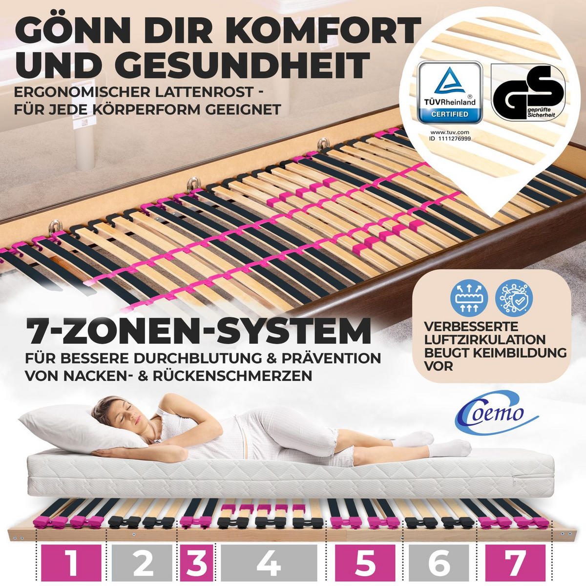 LATTENROST PINK DREAM 80 x 200 cm starr, Selbstmontage - Naturfarben, Holz (80/200cm) - Coemo