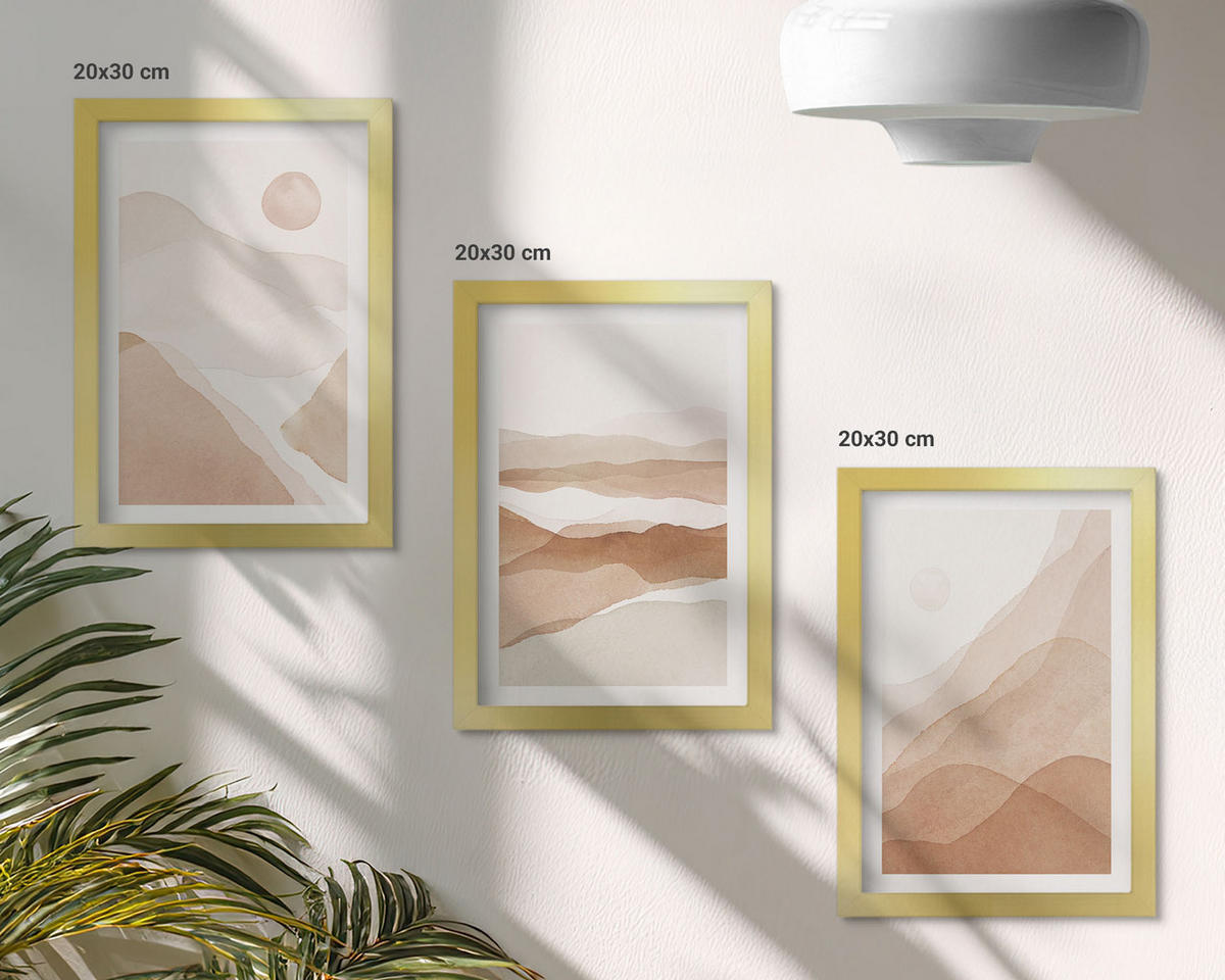 WANDBILDER 3er Set - 20x30 cm Goldrahmen - Abstrakte braune Landschaften - Goldfarben, Kunststoff (20/30cm) - ArtPrintCave