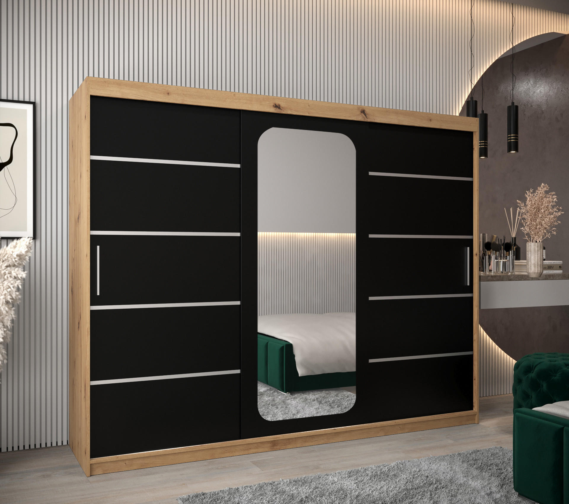 SCHWEBETÜRENSCHRANK 200/250/62 3-türig - Silberfarben/Schwarz, Holz/Kunststoff (250/200/62cm) - Abiks Möbel