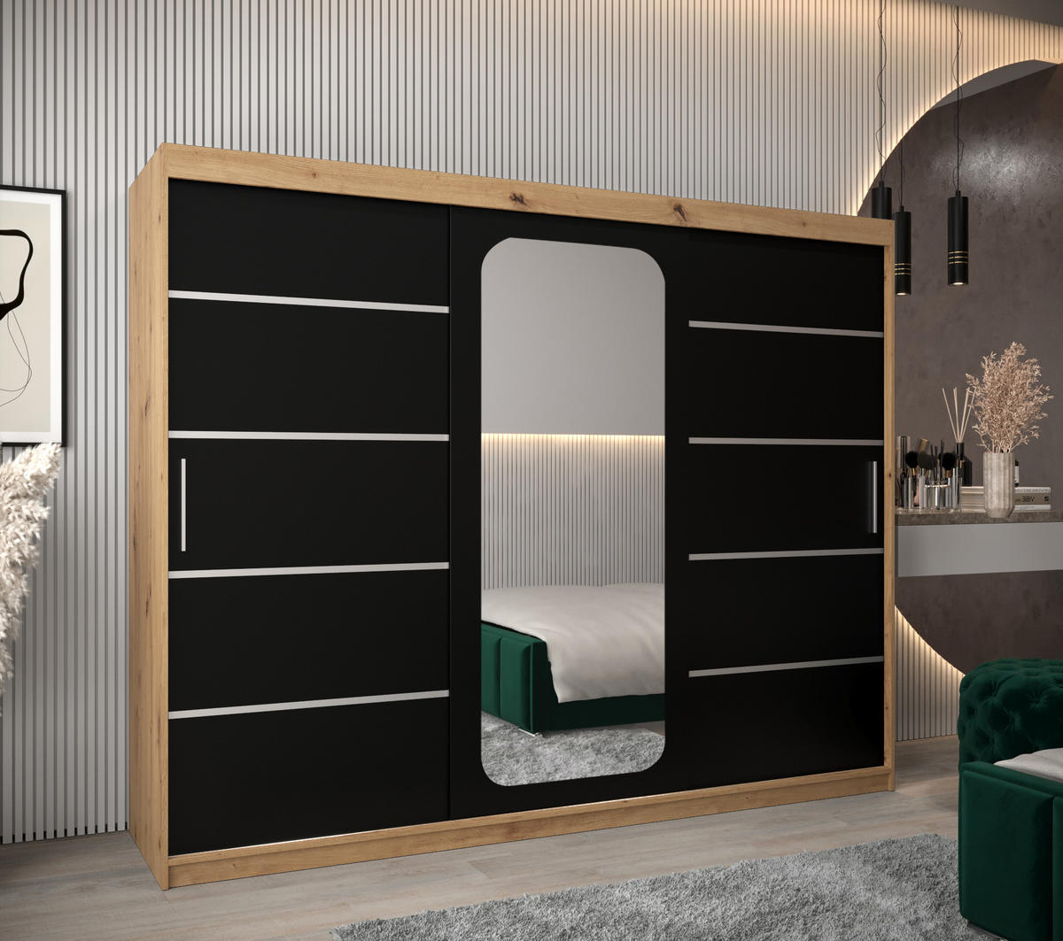 SCHWEBETÜRENSCHRANK 200/250/62 3-türig - Silberfarben/Schwarz, Holz/Kunststoff (250/200/62cm) - Abiks Möbel