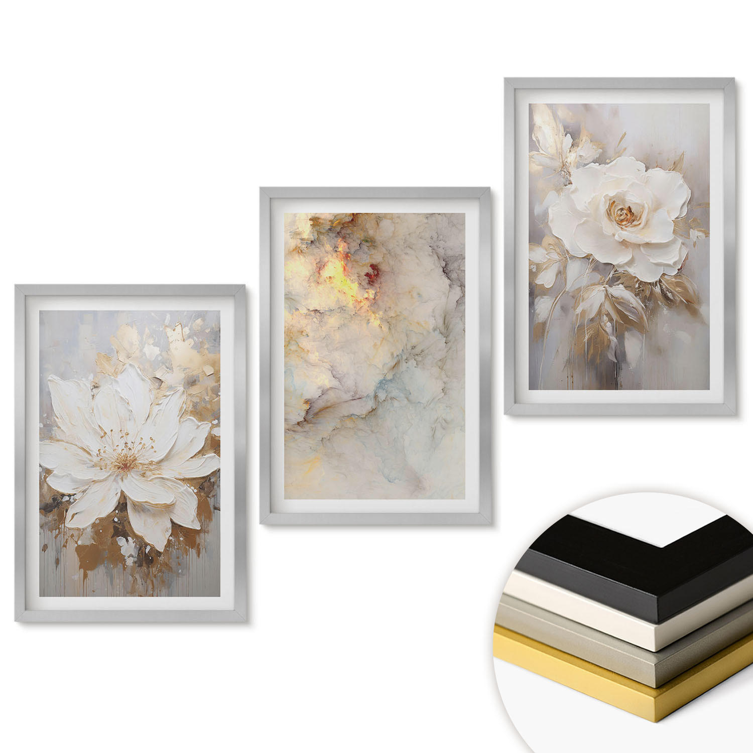 WANDBILDER 3er Set - 40x60 cm Silberner Rahmen - Blumen heller abstrakter Hintergrund - Silberfarben, Kunststoff (40/60cm) - ArtPrintCave