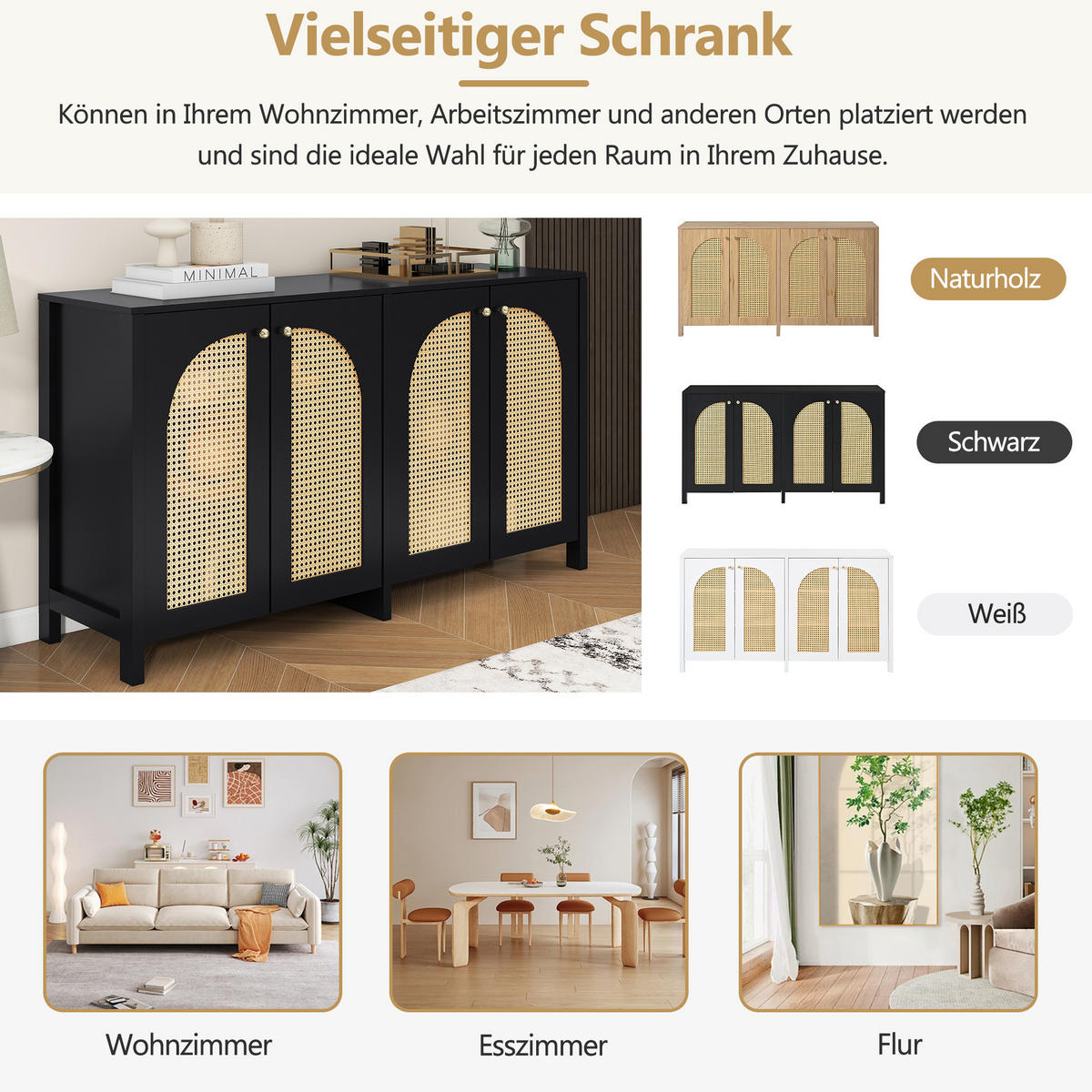 SIDEBOARD 145/40/80 cm Schwarz aus MDF mit 4 Rattantüren - Schwarz, Holzwerkstoff (145/40/80cm) - OKWISH
