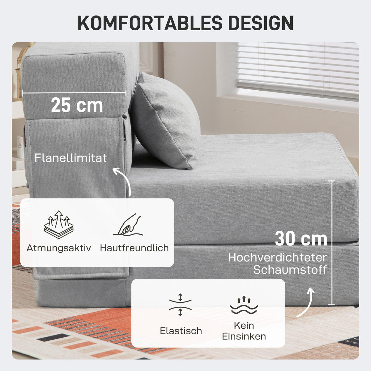 3 in 1 Schlafsessel, klappbares Schlafsofa mit Bettfunktion, Lendenkissen - Hellgrau, Kunststoff (80/15/210cm) - HOMCOM