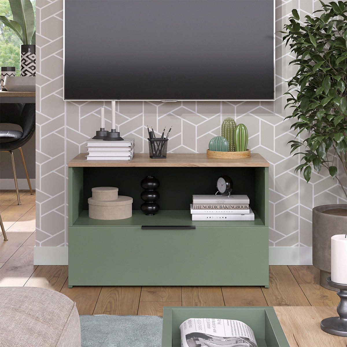 KOMMODE Wido Grün 80 x 50 cm mit 1 geschlossenem Fach - Grün/Sonoma Eiche, Holzwerkstoff (80/50/40cm) - Vicco