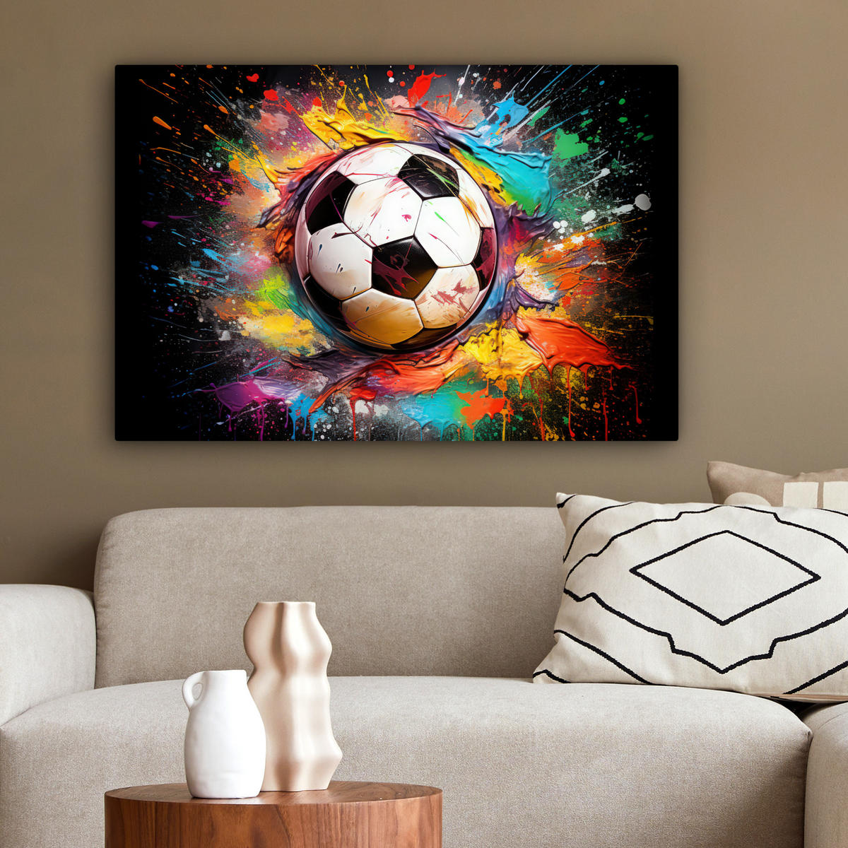 LEINWANDBILD Fußball - Farbe - Farben - Schwarz - Weiß XXL 150x100 cm - Weiß, Textil (150/100cm) - MuchoWow