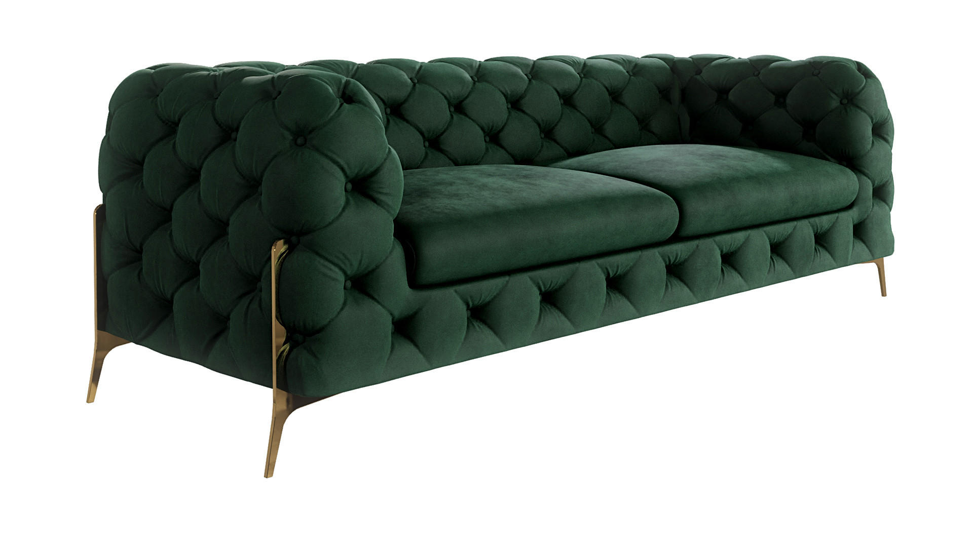 S-Style CHESTERFIELD TŘÍMÍSTNÁ POHOVKA Lexi z lahvově zeleného sametu se zlatými nohami