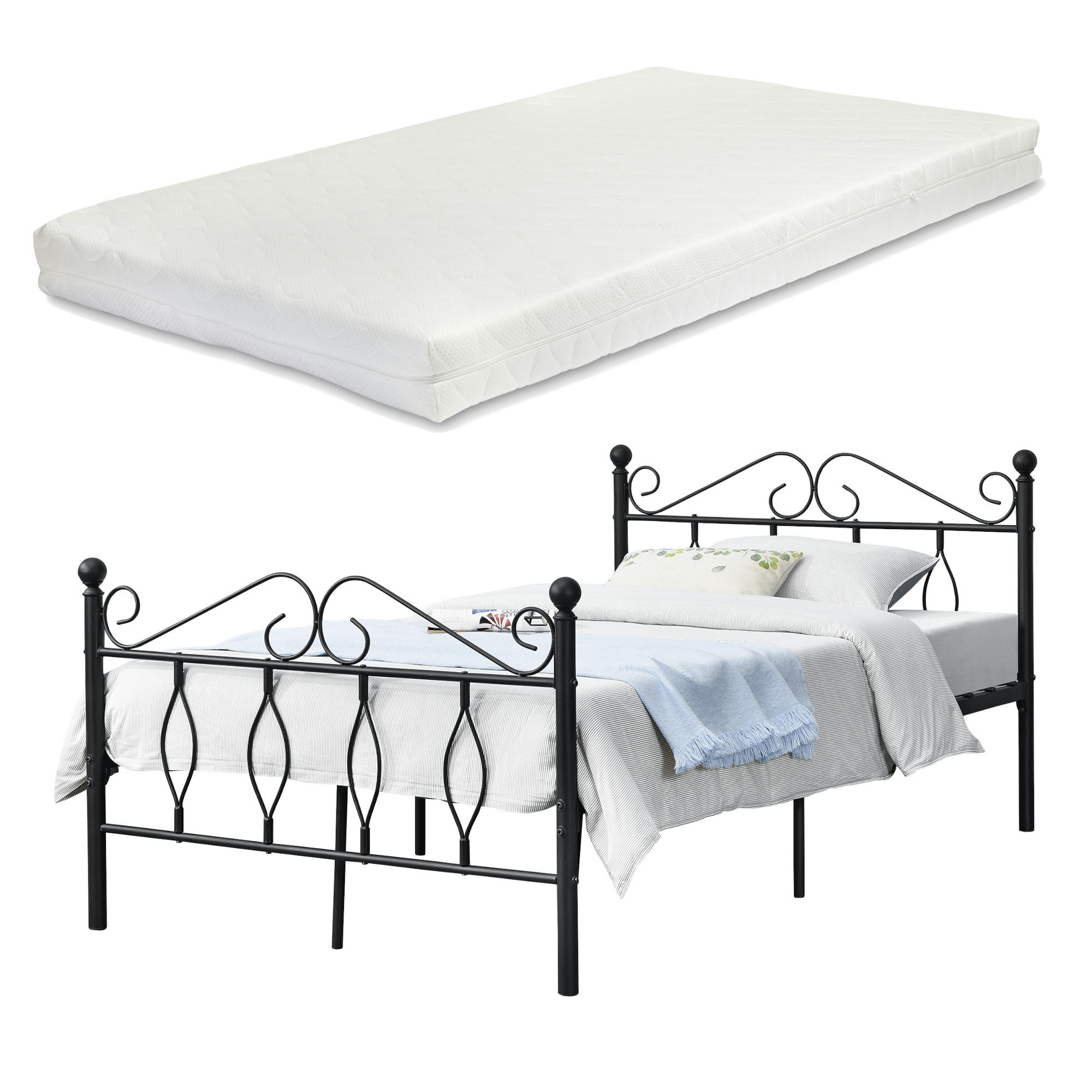 METALLBETT Apolda mit Matratze - Schwarz, Textil/Metall (120/200cm) - [en.casa]