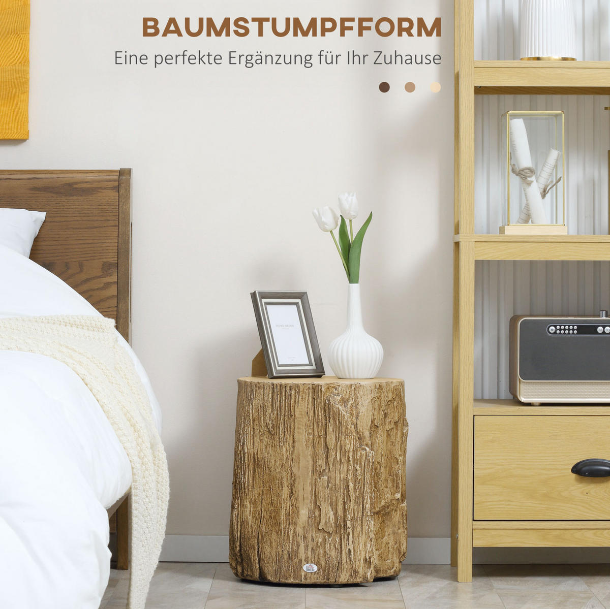 BEISTELLTISCH 37/43 cm in Holzstammoptik aus Beton, wasserdicht und höhenverstellbar - Naturfarben, Stein (37/37/43cm) - Flora Grace