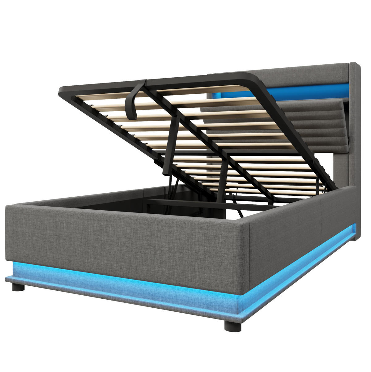 POLSTERBETT mit Stauraum 90x200 cm LED USB Leinen Grau - Grau, Metall (90/200cm) - Meubliv