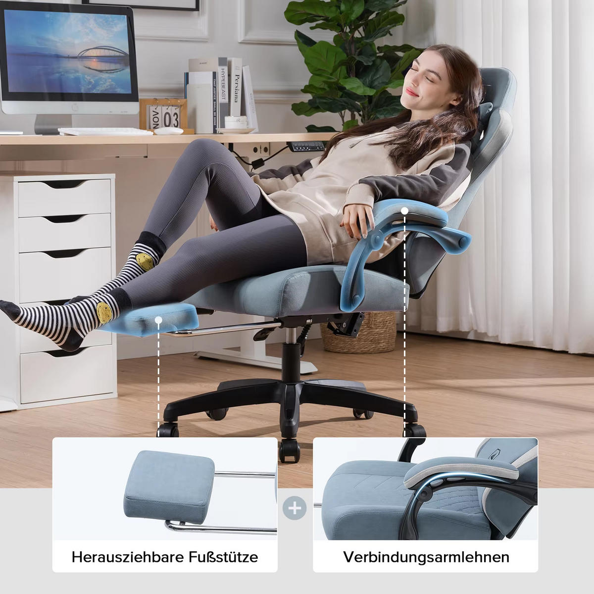 GAMINGSTUHL Stoff mit Federsitz Ergonomisch Blau - Blau, Metall (54/135/50cm) - Kaket