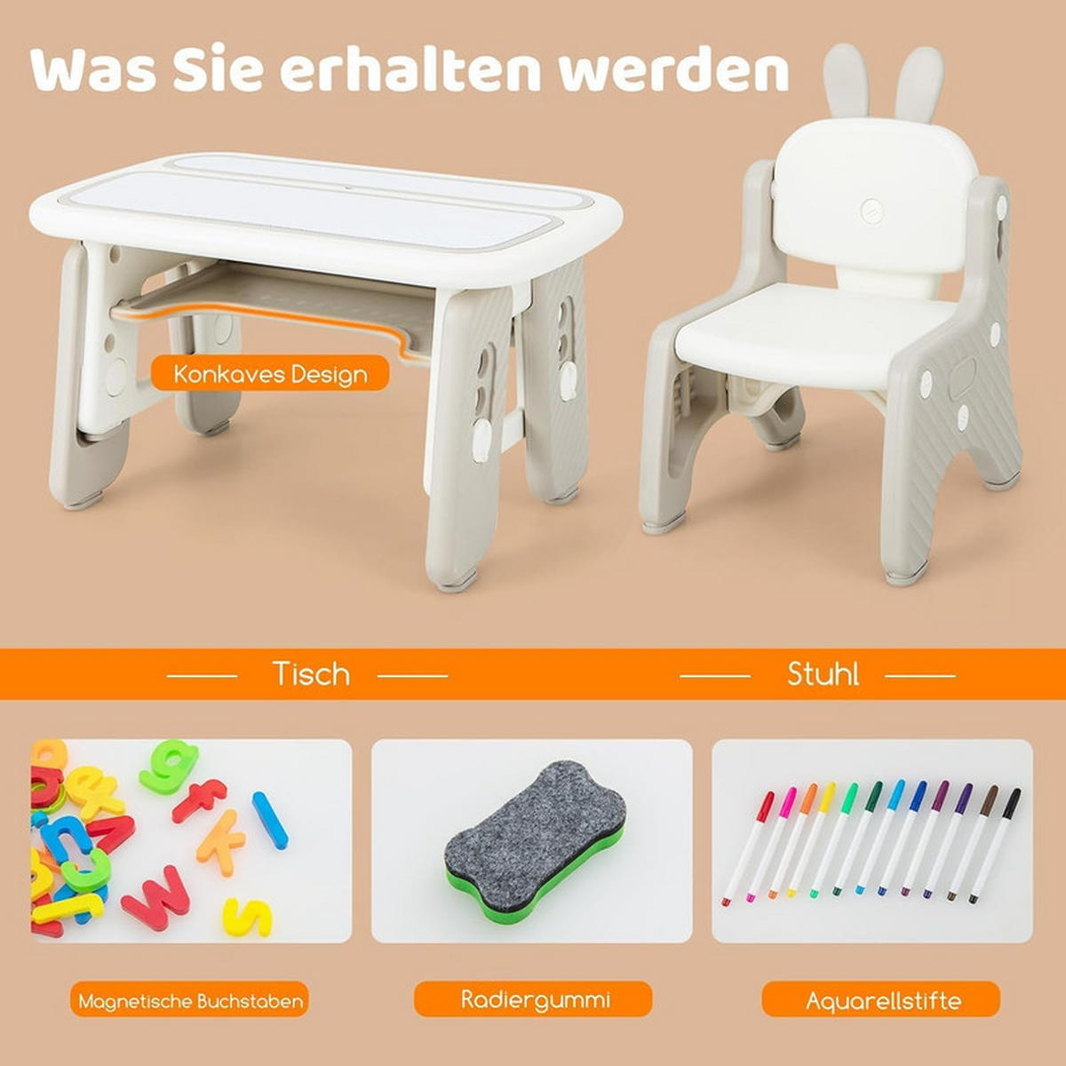 KINDERTISCH mit Stuhl grau(2-tlg) - Grau, Kunststoff (80/40/50cm) - COSTWAY