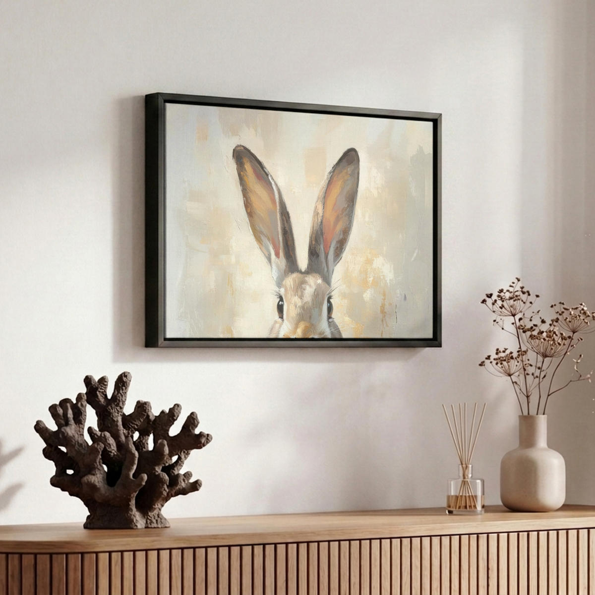 LEINWAND Bilder mit Rahmen - Hase - Ohren - Braun - 30x20 - Beige, Textil (30/20cm) - MuchoWow