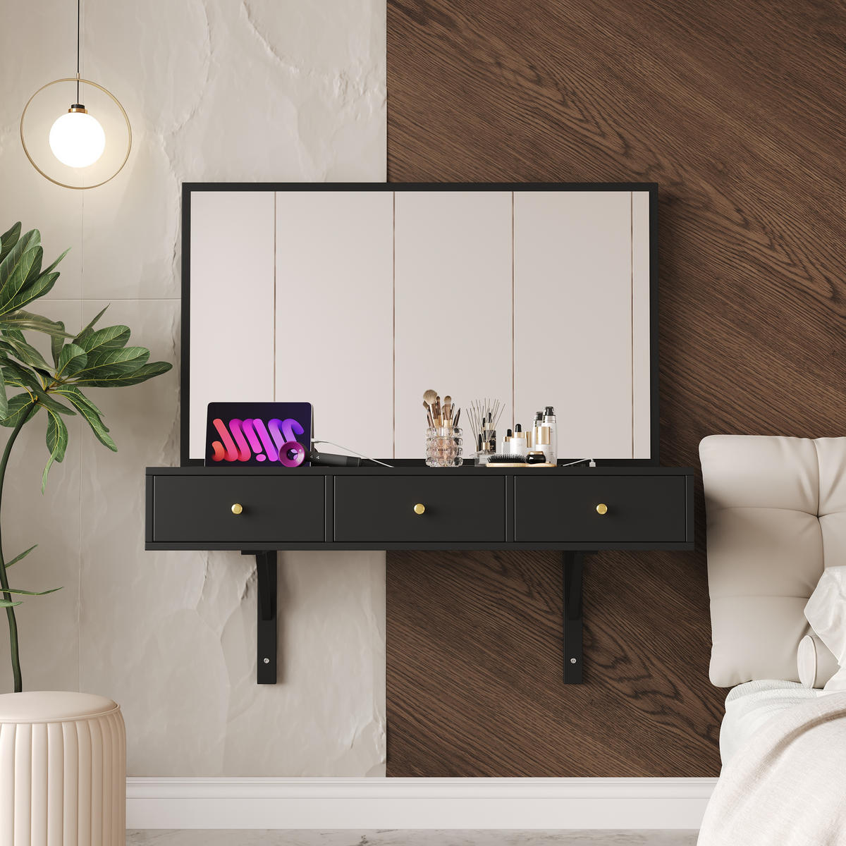 SCHMINKTISCH Schwarz LED Spiegel 3 Schubladen 100x45x105cm - Schwarz, Holzwerkstoff (45/105/100cm) - FLIEKS