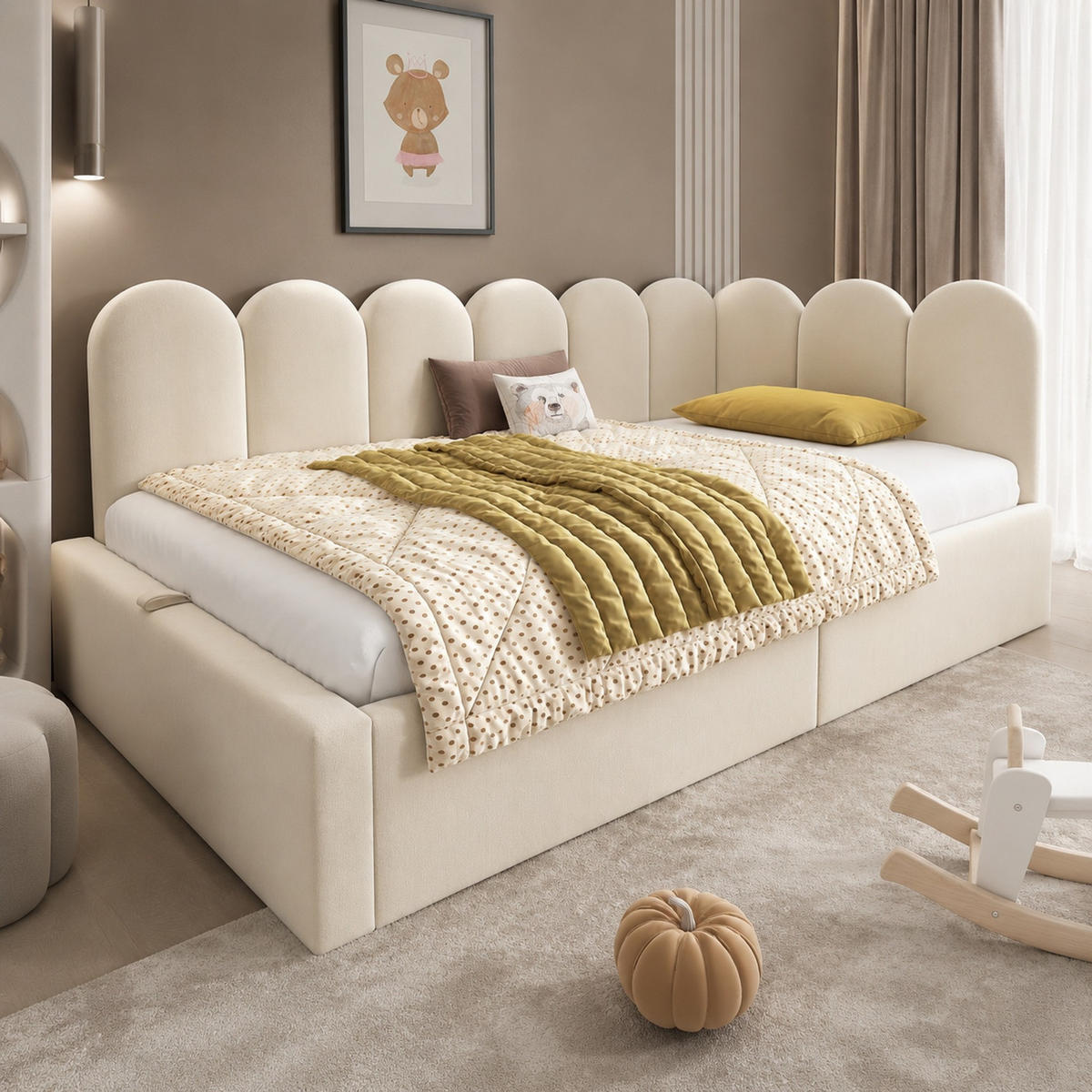 POLSTERBETT 90/190 mit Bettkasten und Metall-Lattenrost in Beige - Beige, Holzwerkstoff/Textil (90/190cm) - EVRYAE