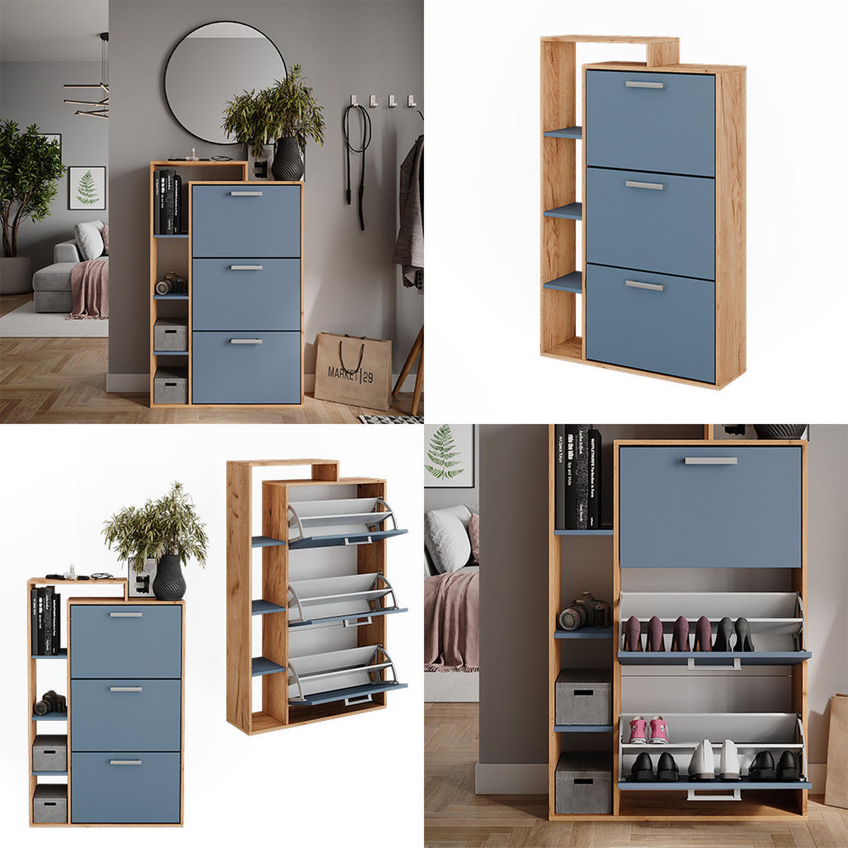 SCHUHKIPPER Orlando Goldkraft Eiche/Blau 80 x 128.3 cm mit 3 Fächern - Eiche Wotan, Holzwerkstoff (80/128.3/24.2cm) - Vicco
