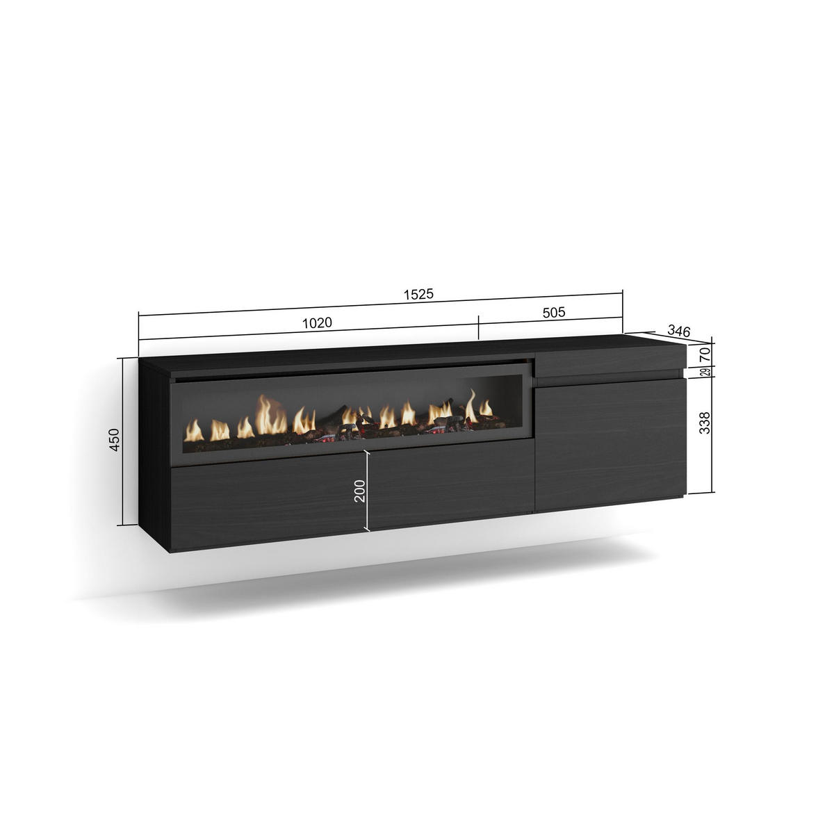 TV-SCHRANK schwarz, mit Elektrokamin, Hängend, 150/35/45cm - Anthrazit/Schwarz, Holzwerkstoff (150/45/35cm) - Skraut Home