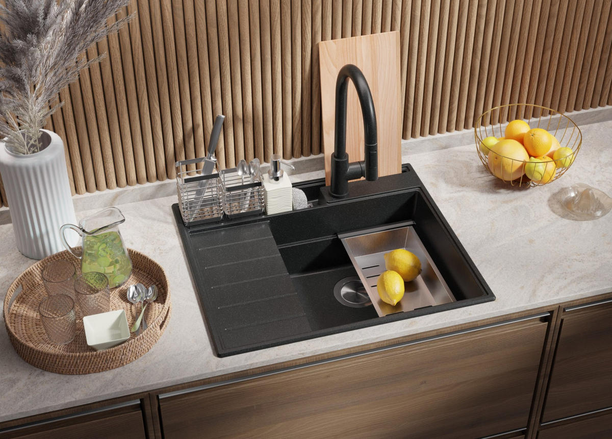 SPÜLBECKEN Sydney Pocket, 2-er set Anthrazit 62/53 cm 1 Becken + Ablauf-Set + Küchenzubehörset ab 45er Unterschrank - Chromfarben/Anthrazit, Kunststoff (62/20/53cm) - Primagran