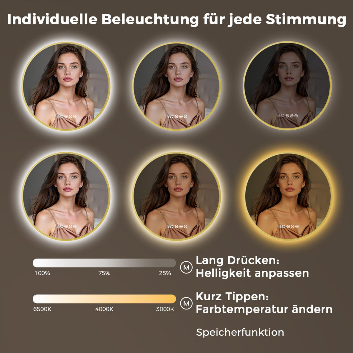 BADSPIEGEL mit Beleuchtung 60 cm rund gold mit Aluminiumrahmen, LED dimmbar und Antibeschlag - Goldfarben, Glas (60/60/3.3cm) - S'AFIELINA