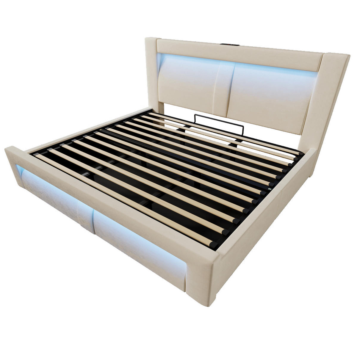 ČALOUNĚNÁ postel ze sametu 180x200 cm béžová s LED, USB a Type-C, hydraulickým úložným prostorem - béžová, textil (180/200cm) - Modfu