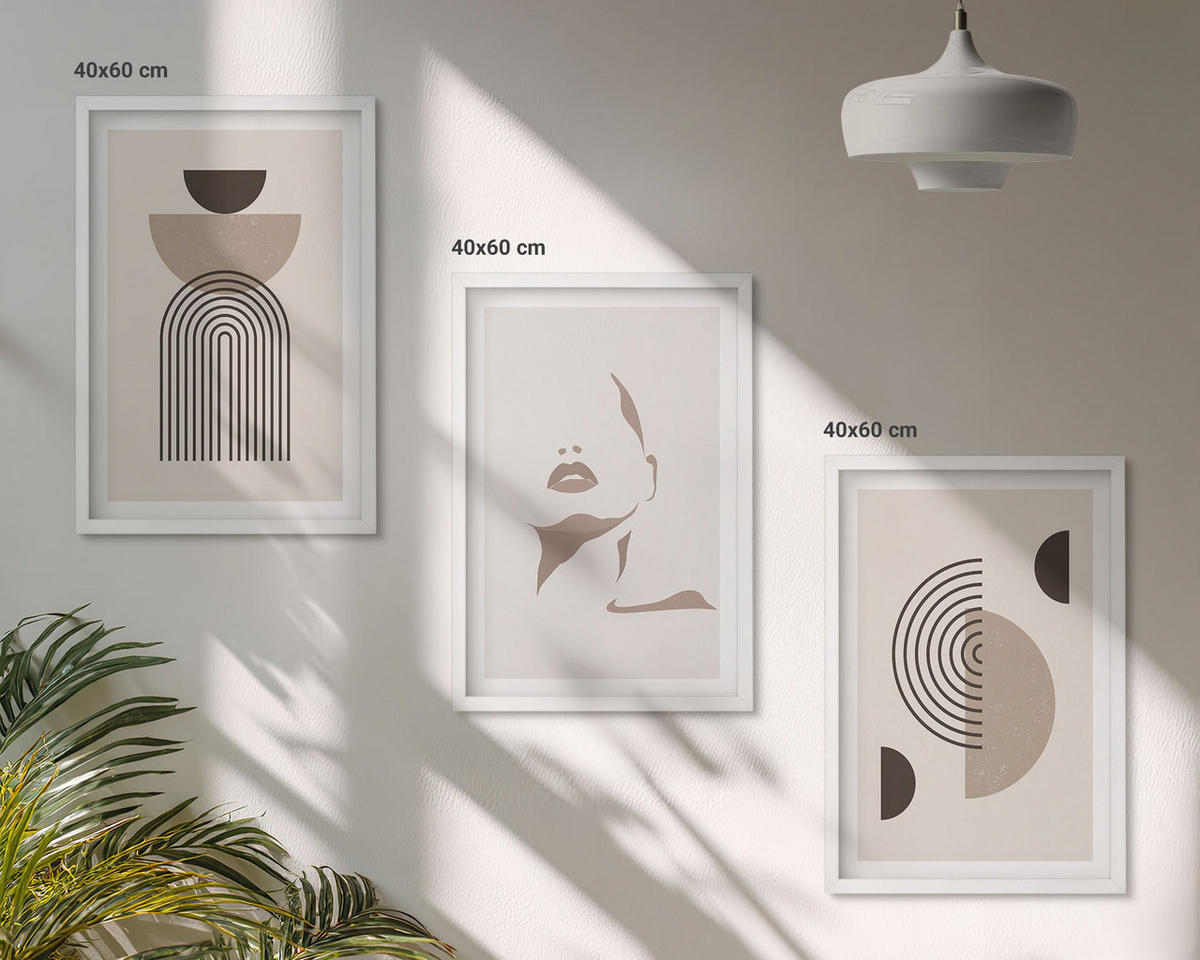 BILDER SET 3er Set - 40x60 cm Weißer Rahmen - Abstrakte Formen und Gesicht - Weiß, Kunststoff (40/60cm) - TULUP