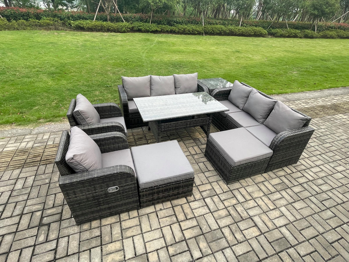 GARTENTISCHGRUPPE mit Beistelltisch,2 große Fußhocker Polyrattan Dunkelgrau 10-Sitzer - Dunkelgrau/Grau, Glas/Kunststoff - Fimous