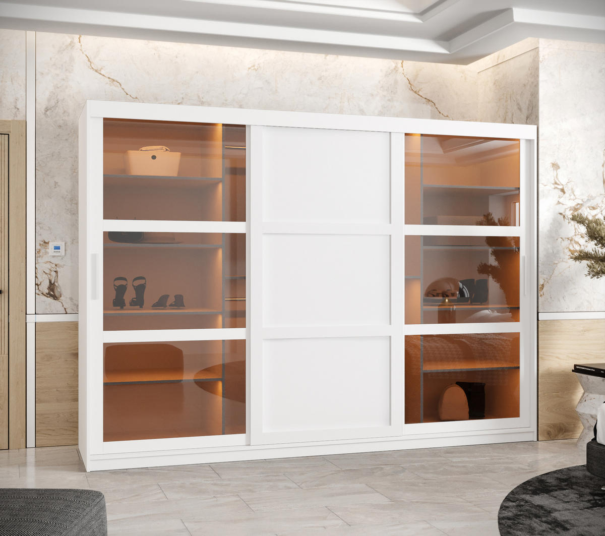 SCHWEBETÜRENSCHRANK 200/250/62 3-türig - Silberfarben/Weiß, Holz/Kunststoff (250/200/62cm) - Abiks Möbel
