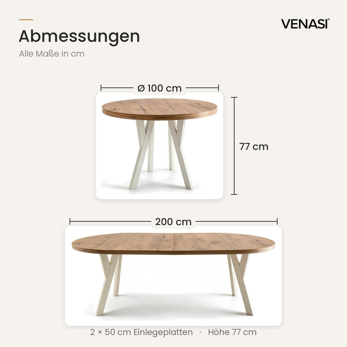 ESSTISCH ausziehbar rund ATO, 100-200 cm, Dekor Lancelot, weiße Holzbeine - Weiß/Braun, Holzwerkstoff/Buchenholz (100/100/77cm) - VENASI MÖBEL
