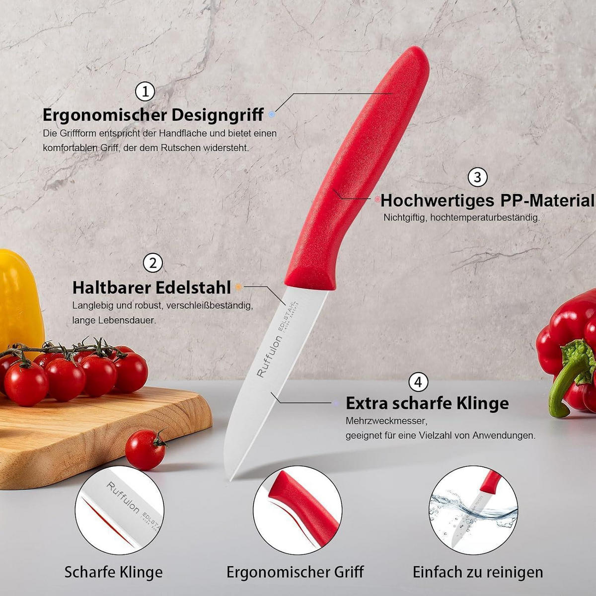 KÜCHENMESSER 6-teiliges Set Rot Edelstahl Gerade Klinge 3'' - Rot, Metall (19cm)