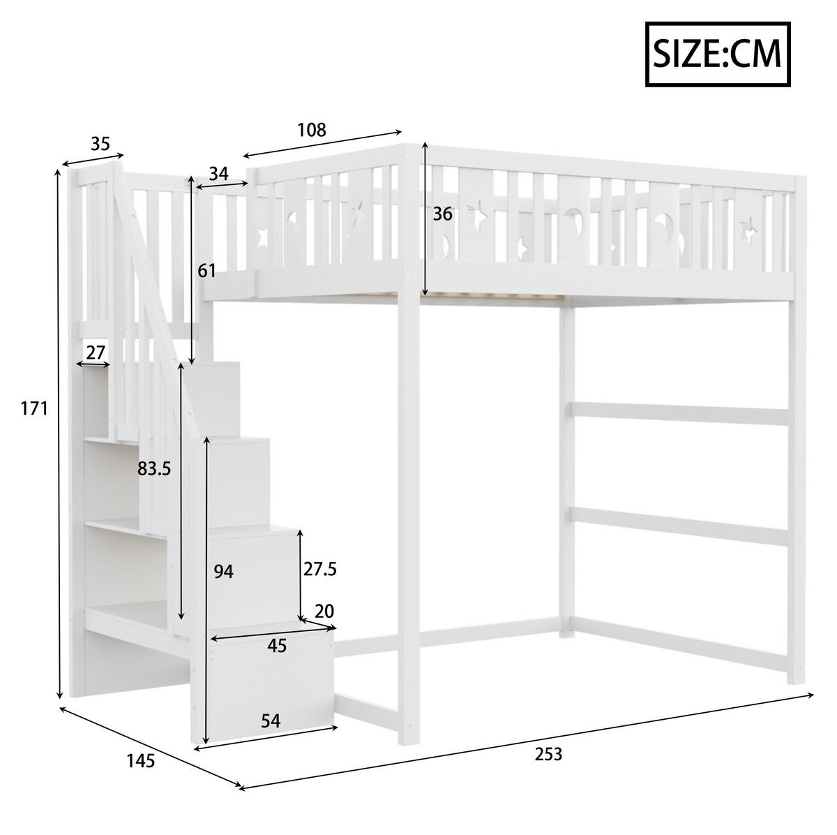 HOCHBETT 140/200 cm Weiß aus Massivholz mit Treppe - Weiß, Holz (140/200cm) - OKMYHOME