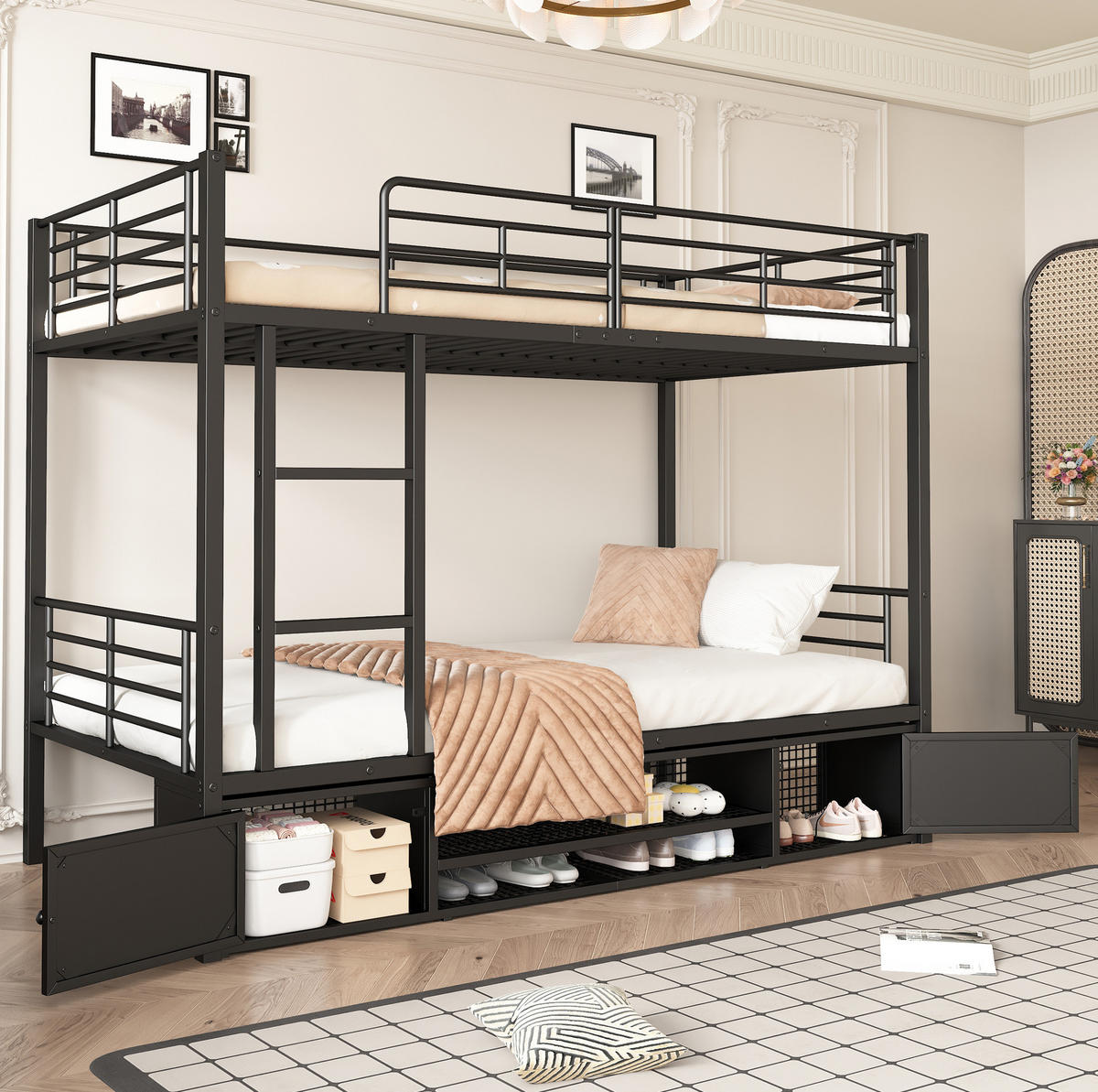 ETAGENBETT 90/200 cm in Schwarz mit Schuhablage und zwei Schränken - Schwarz, Metall (90/200cm) - OKMYHOME