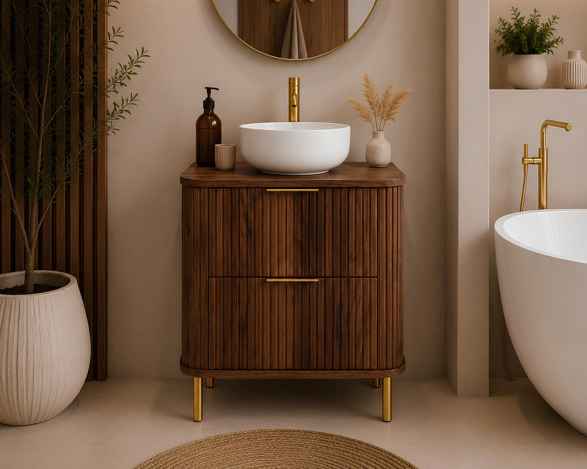 BADEZIMMERSCHRANK : Farbe Eiche-Nussbaum, Griff gold, Füße gold, 60 x 41,5 x 66,7 cm - Goldfarben/Braun, Holzwerkstoff (60/66.7/41.5cm) - 3XE LIVING