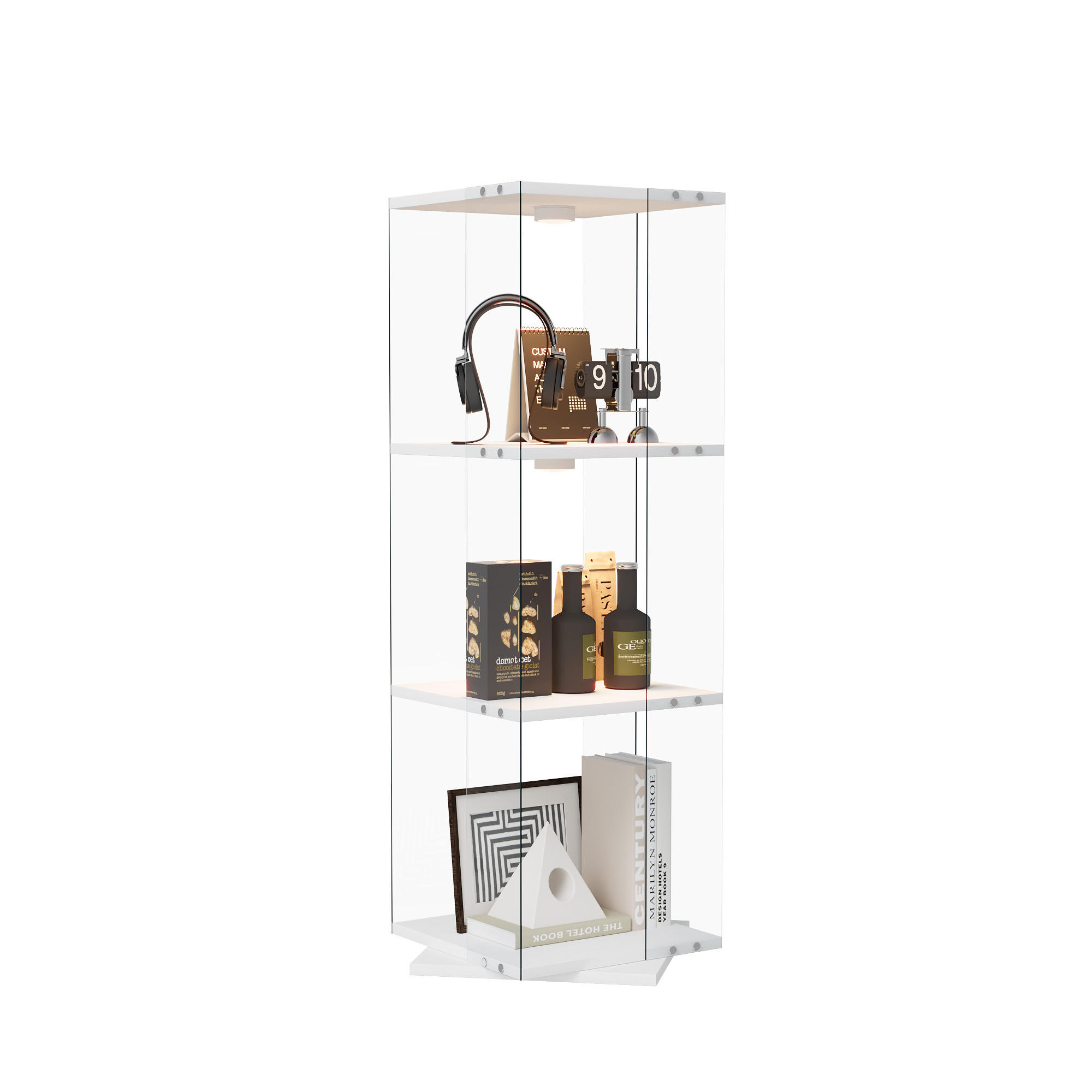 360° roterande displaymonter med RGB LED, 3 hyllor, vit glasmonter för dekoration - Vit, Glas (38/121/38cm) - SHOPENTRA