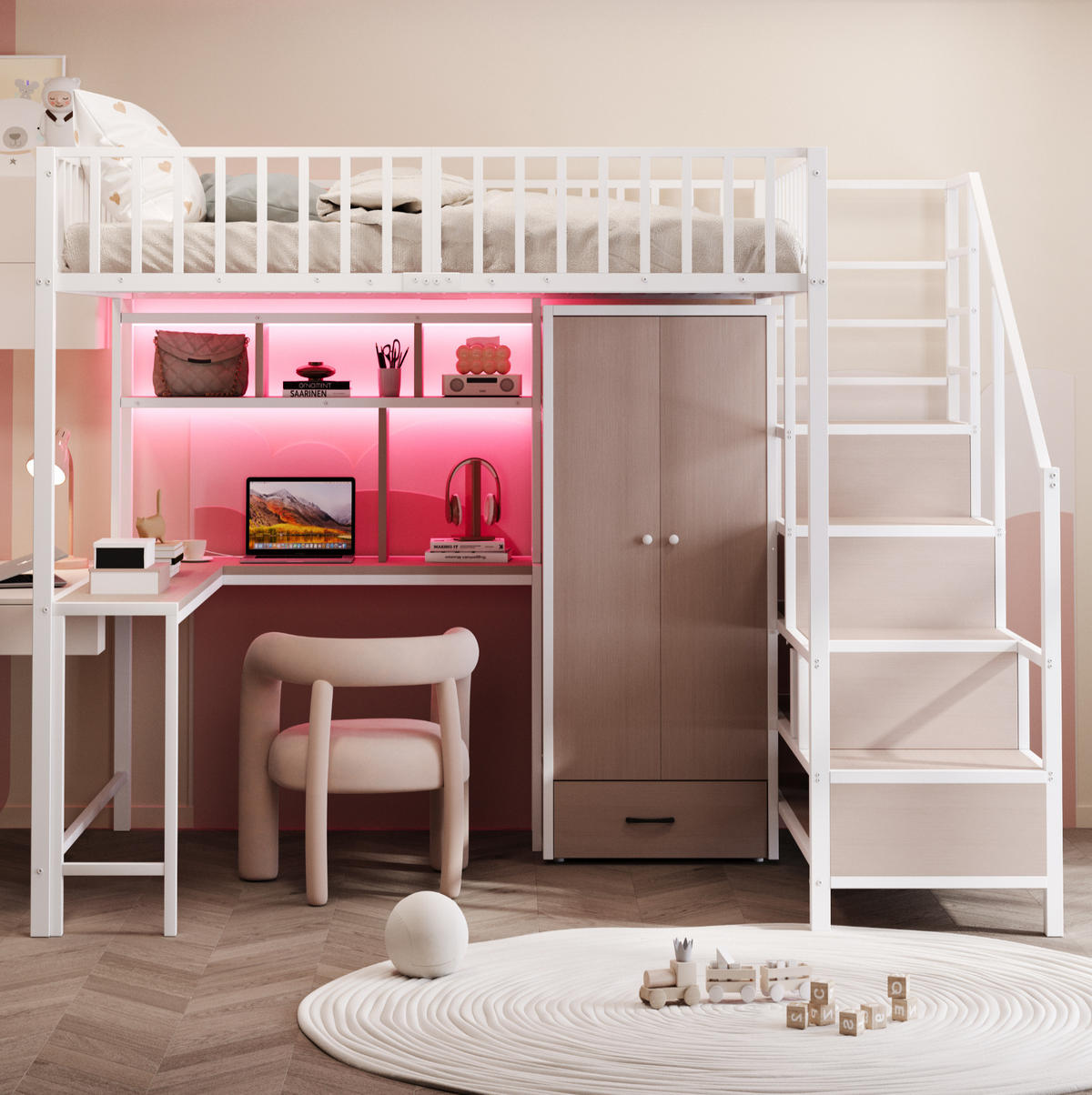 HOCHBETT 140/200 cm Weiß mit Schreibtisch, Kleiderschrank und LED-Beleuchtung - Weiß, Metall (140/200cm) - Flora Grace