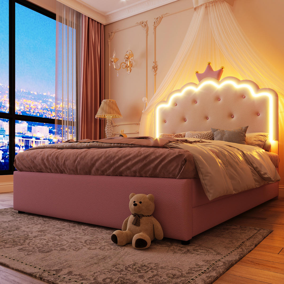 POLSTERBETT aus PU 140x200 cm Rosa mit LED-Beleuchtung, Ausziehbett, 2 Schubladen und Kronendesign - Rosa, Kunststoff (140/200cm) - Modfu