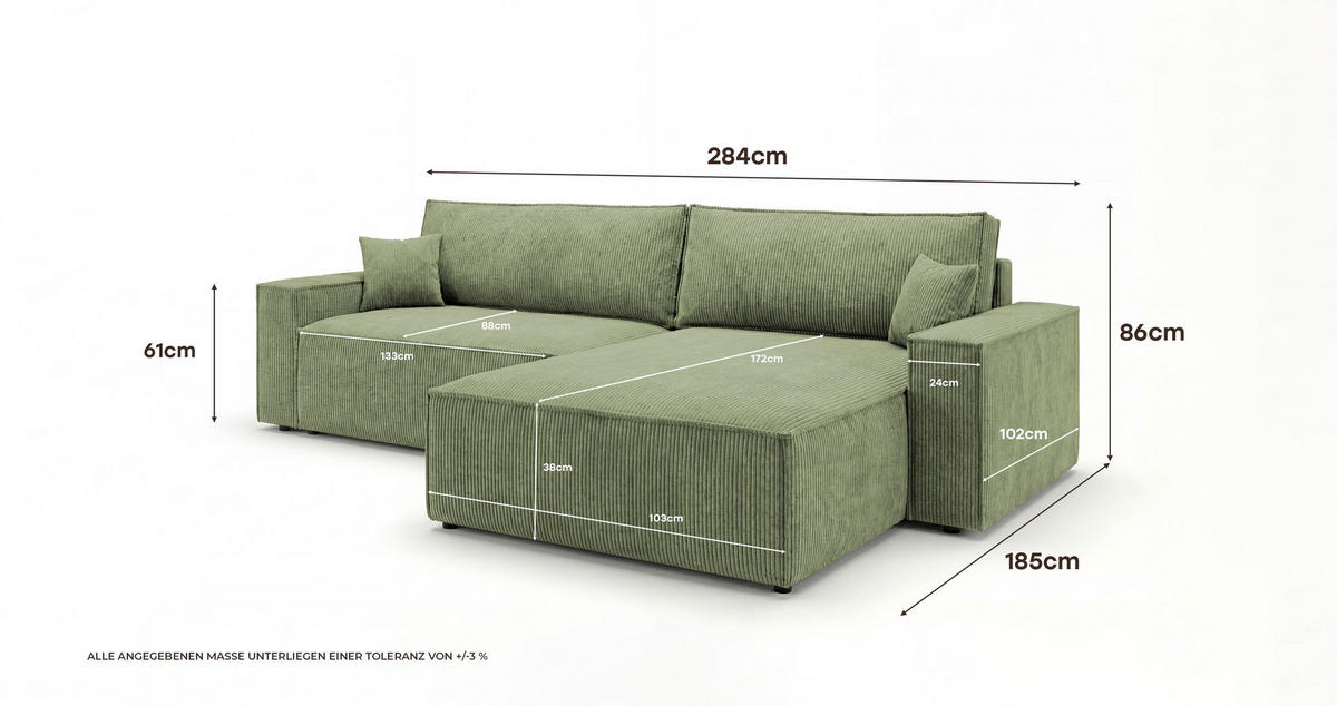 ECKSOFA VIENNA links hellgrün Cord Poso 47 - Schlaffunktion, Bettkasten - Hellgrün, Textil (285/185cm) - Cornero
