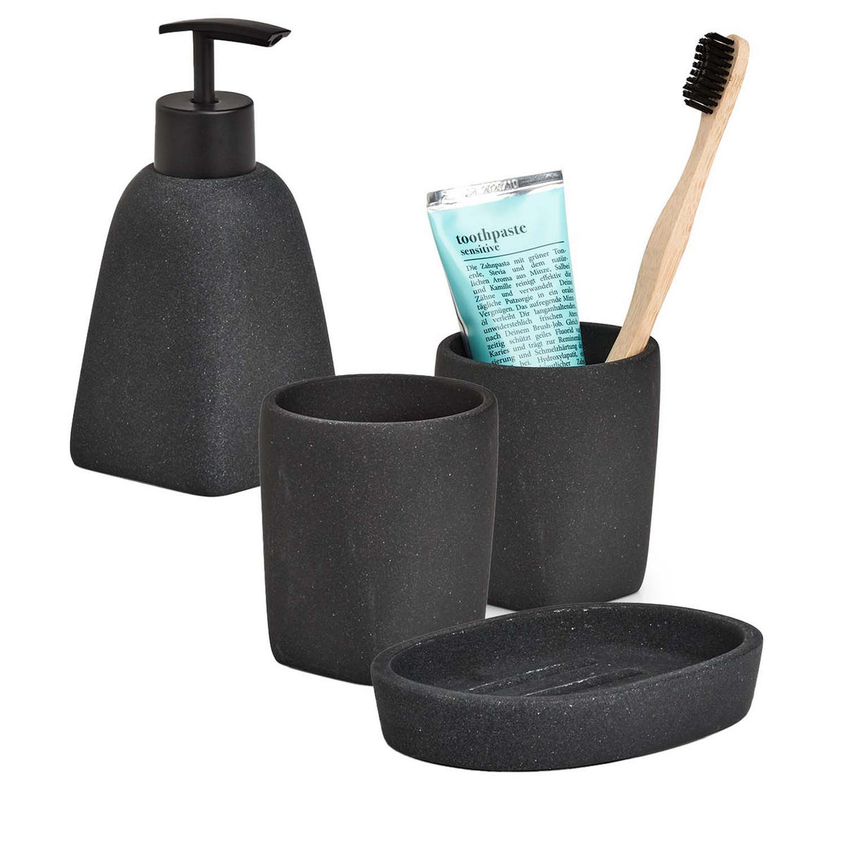 BADACCESSOIRES - Dark Stone, 4-teiliges Set - Schwarz, Stein (7.1/15.7/7.1cm) - Zeller Present