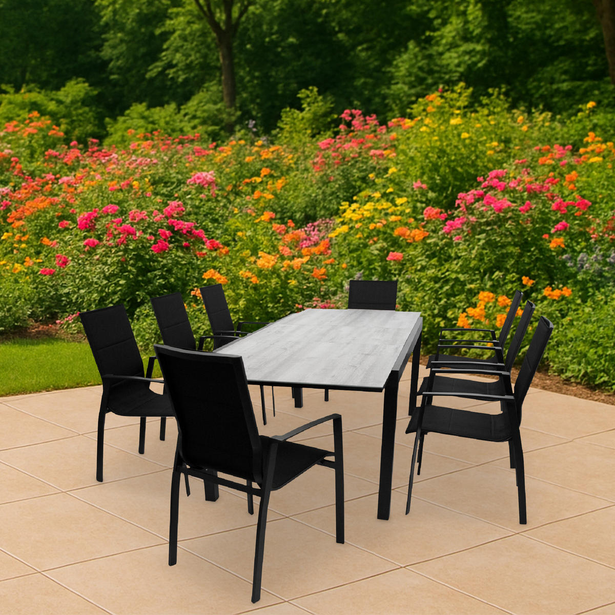 GARTEN-GARNITUR Ashford - 9-teilige Garten-Essgruppe (8x Stapelsessel mit Armlehnen, 1x Ausziehtisch 180/240x100cm), Gestell Aluminium - Schwarz, Metall - TPFGarden