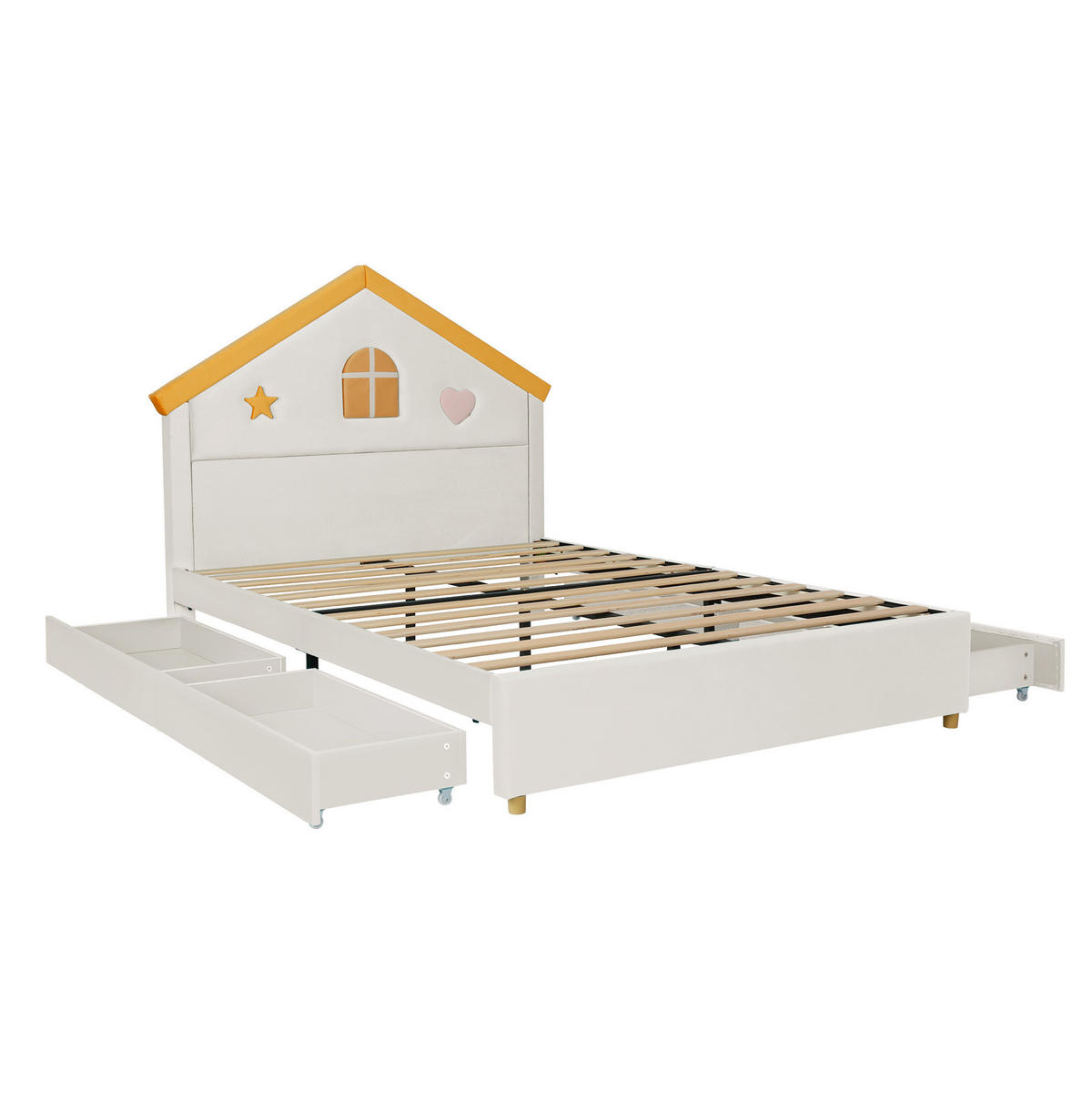 KINDERBETT aus französischem Samt 140x200 cm Beige mit 4 Schubladen und Haus-Kopfteil - Beige, Textil (140/200cm) - Modfu