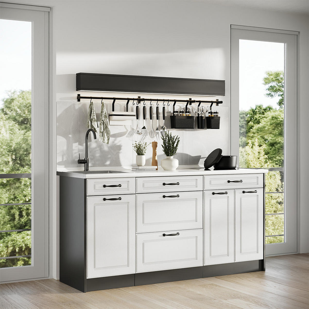 KÜCHENBLOCK R-Line, Weiß Landhaus/Anthrazit, 160 cm Arbeitsplatte Marmor - Anthrazit/Weiß, Holzwerkstoff (160/81.6/60cm) - Vicco