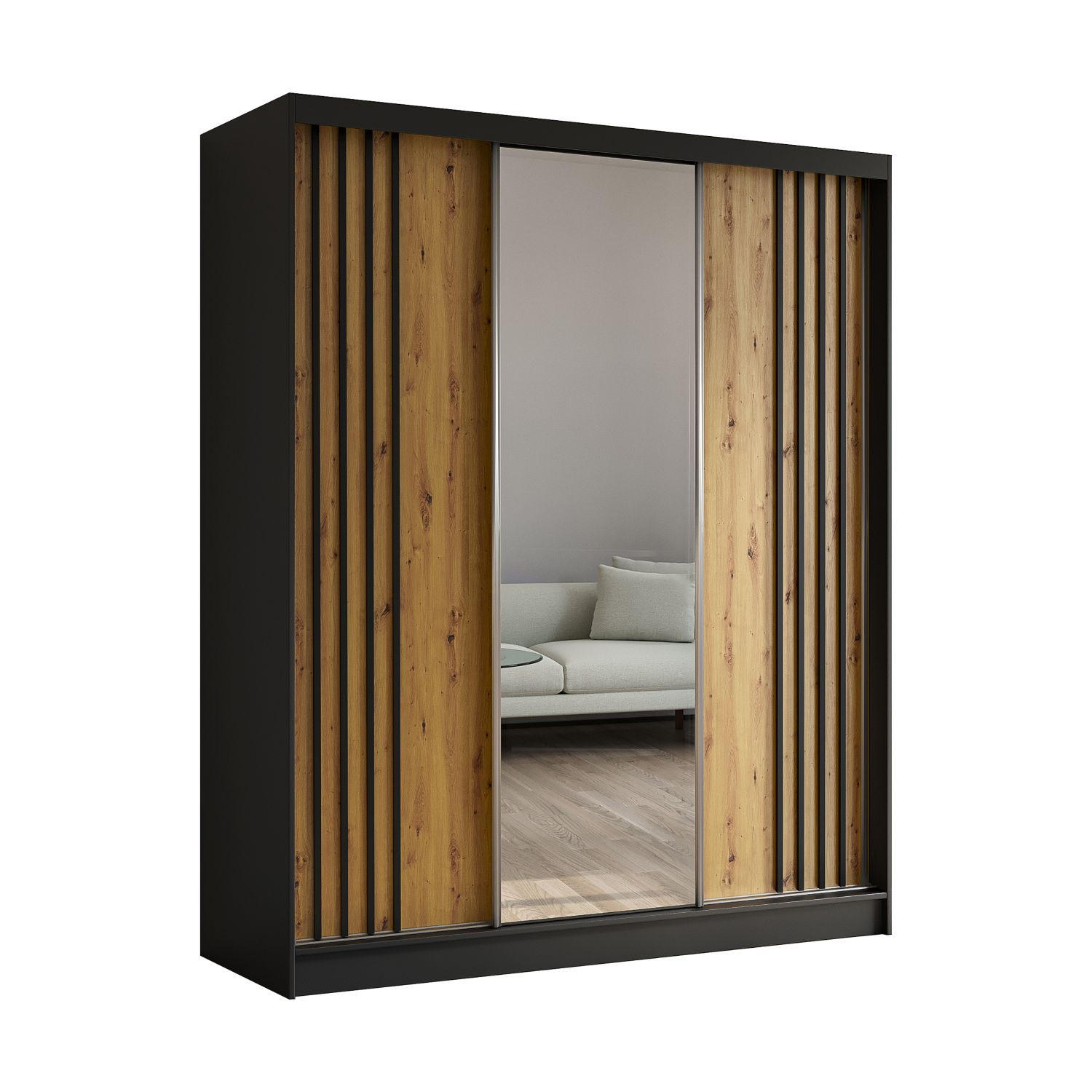 SCHWEBETÜRENSCHRANK Neli 180 cm mit Lamellen und Spiegel 3-türig, schwarz, Artisan, Lamelle schwarz - Schwarz/Braun, Kunststoff (180/216/61cm) - Margaret Hadas24
