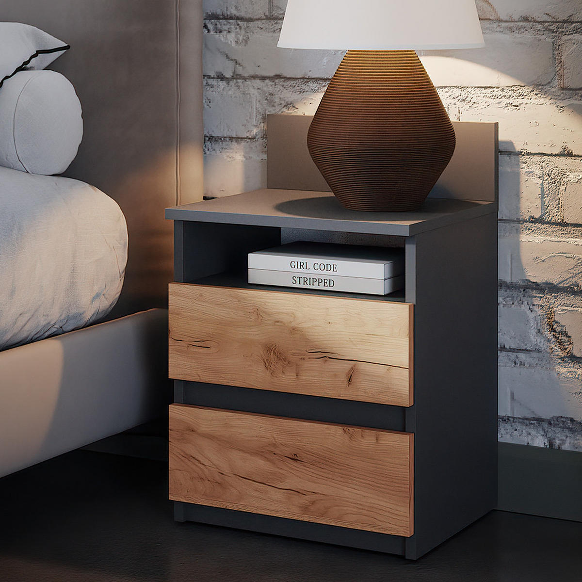 NACHTTISCH Monty Anthrazit/Goldkraft Eiche 2er Set - Honigeiche/Anthrazit, Holzwerkstoff (39.6/59.1/32.3cm) - Vicco